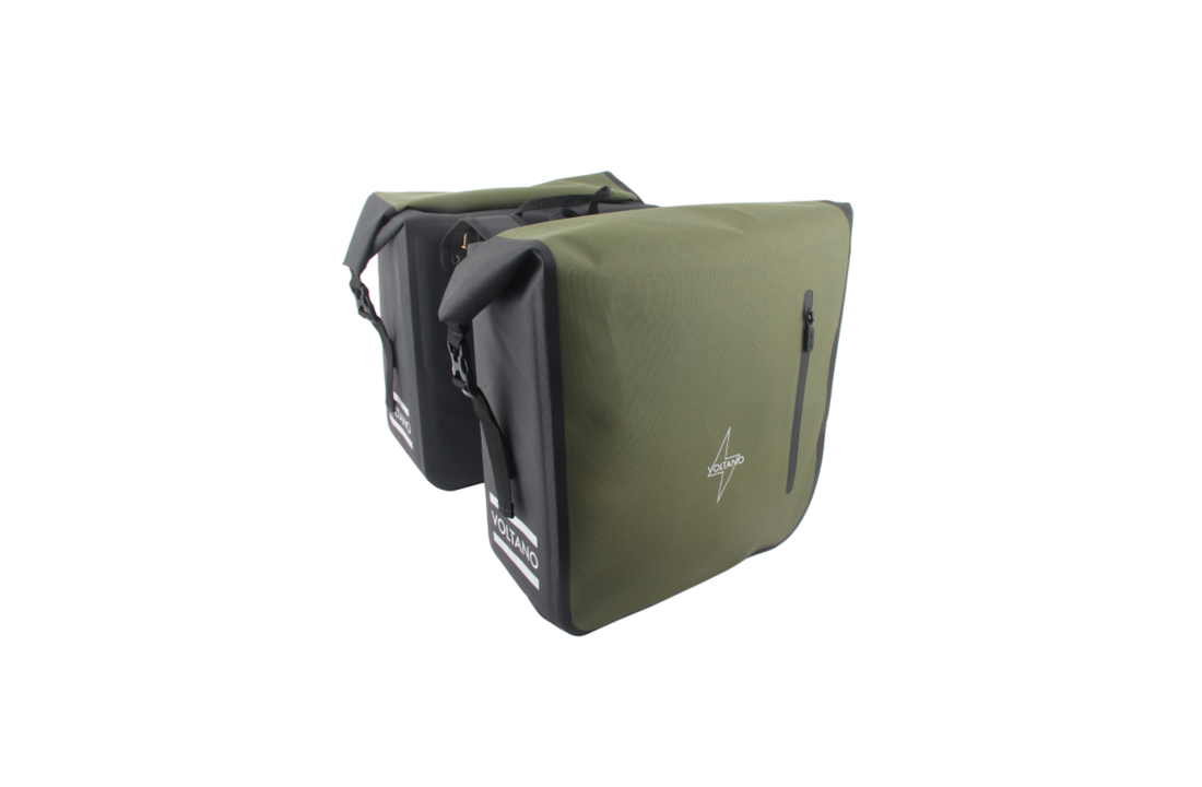 Voltano Dubbele Fietstas Rolltop Luxe E-bike - Zwart / Olijfgroen - 48 Liter - 100% Waterdicht