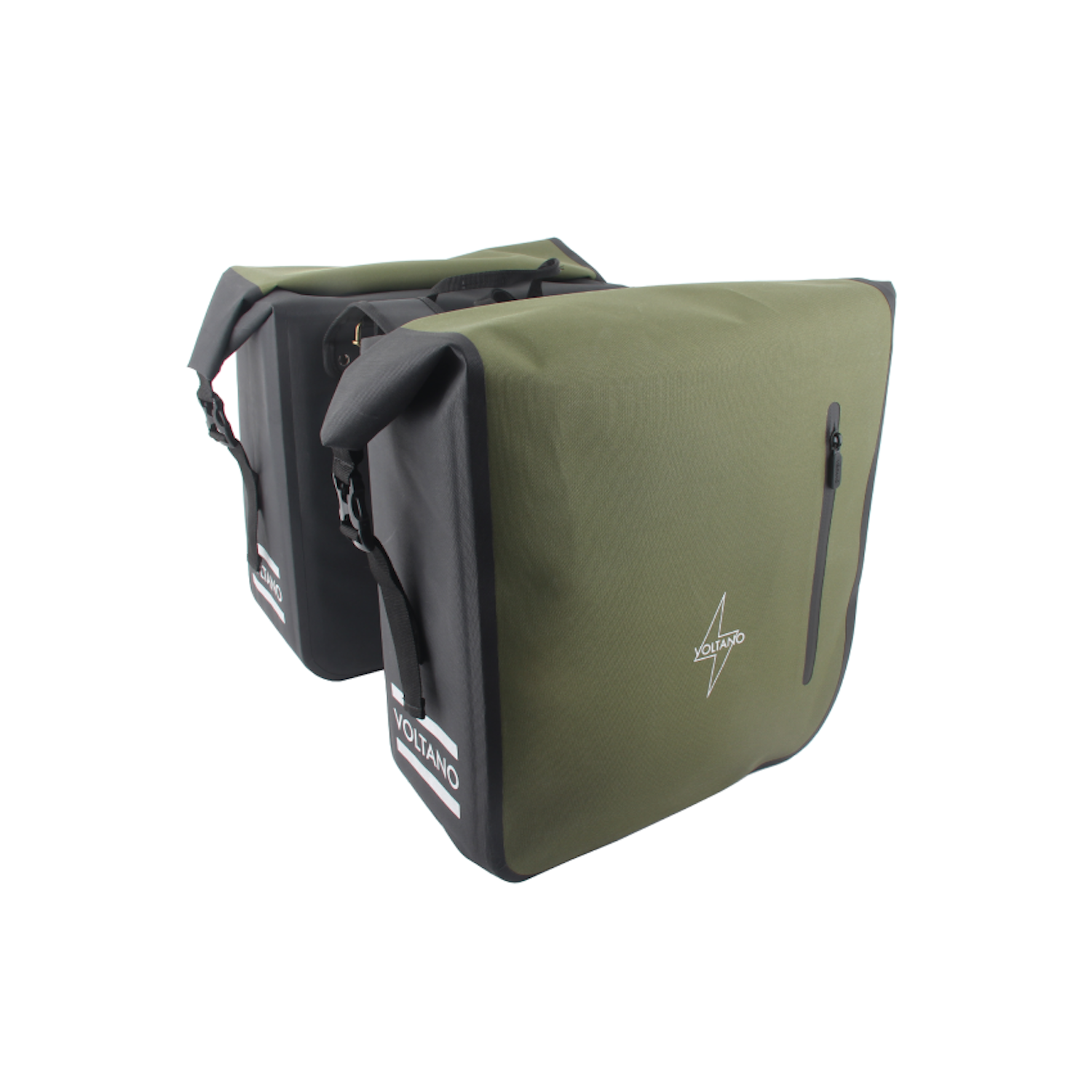 Voltano Dubbele Fietstas Rolltop Luxe E-bike - Zwart / Olijfgroen - 48 Liter - 100% Waterdicht