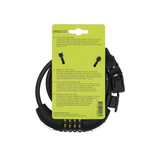 Dresco Code Kabelslot 120/8 -Cijferslot / Spiraalslot - 120 CM - Met Houder