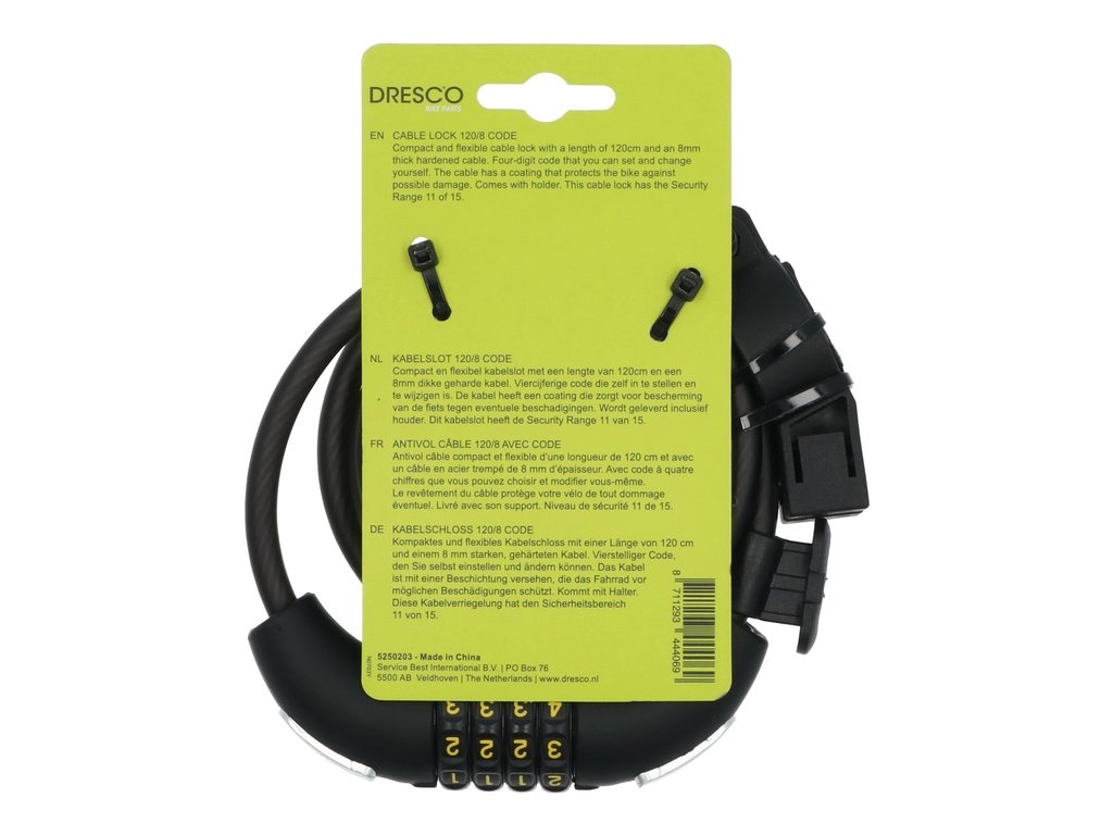 Dresco Code Kabelslot 120/8 -Cijferslot / Spiraalslot - 120 CM - Met Houder