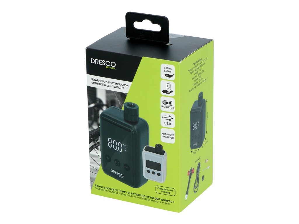 Dresco Elektrische Fietspomp Compact – 125 PSI / 8.6 Bar – USB-C Oplaadbaar – Voor Fiets, Motor en Bal - Zwart