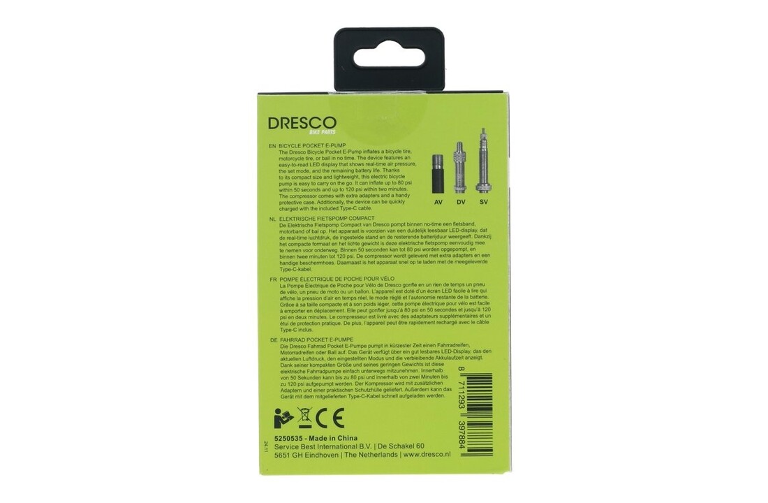 Dresco Elektrische Fietspomp Compact – 125 PSI / 8.6 Bar – USB-C Oplaadbaar – Voor Fiets, Motor en Bal - Zwart