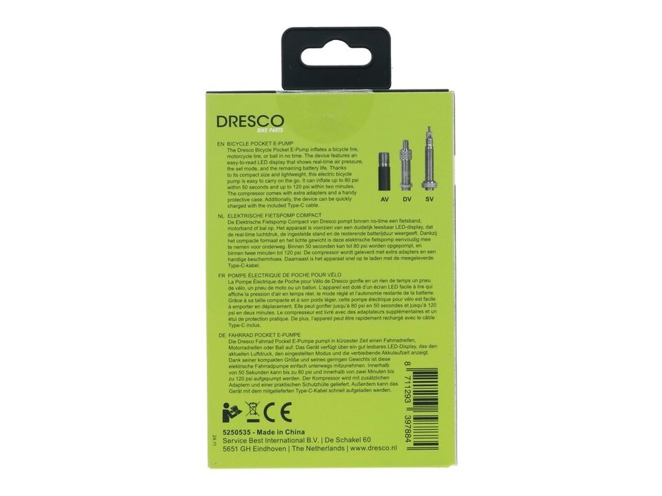 Dresco Elektrische Fietspomp Compact – 125 PSI / 8.6 Bar – USB-C Oplaadbaar – Voor Fiets, Motor en Bal - Zwart