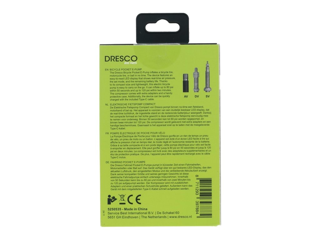 Dresco Elektrische Fietspomp Compact – 125 PSI / 8.6 Bar – USB-C Oplaadbaar – Voor Fiets, Motor en Bal - Zwart