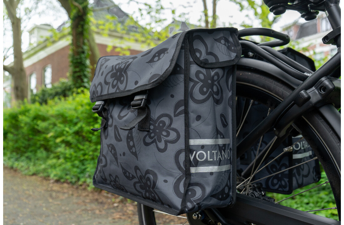 Voltano Dubbele Fietstas Floral Fusion - Grijs Met Bloemen - 38 Liter - Waterdicht Polyester