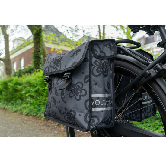 Voltano Dubbele Fietstas Floral Fusion - Grijs Met Bloemen - 38 Liter - Waterdicht Polyester