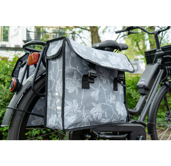 Voltano Dubbele Fietstas Rose Harmony - Grijs Met Bloemen - 38 Liter - Waterdicht Polyester