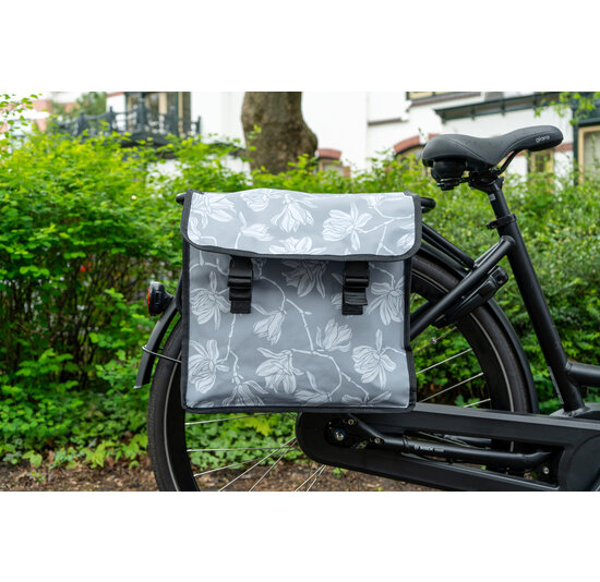 Voltano Dubbele Fietstas Rose Harmony - Grijs Met Bloemen - 38 Liter - Waterdicht Polyester
