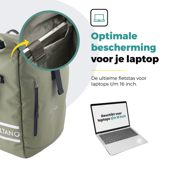 Voltano Journey Luxe Fietstas 28L - Olijf Groen - Enkele Pakaftas - Laptopvak