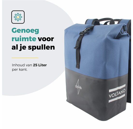 Voltano Dubbele Fietstas Rolltop Reflective Special Edition - Zwart / Lakeblue  - 50 Liter - 100% Waterdicht