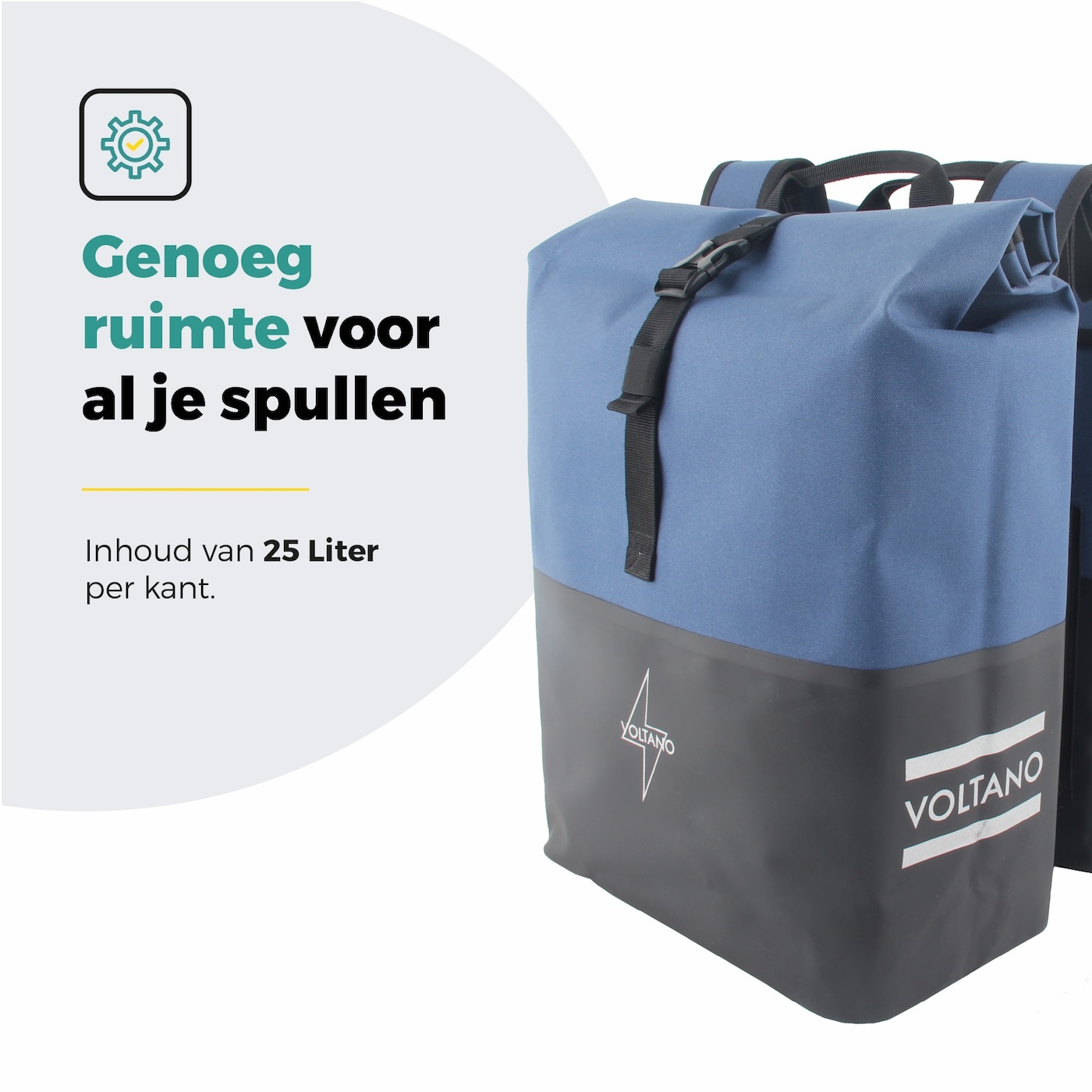 Voltano Dubbele Fietstas Rolltop Reflective Special Edition - Zwart / Lakeblue  - 50 Liter - 100% Waterdicht