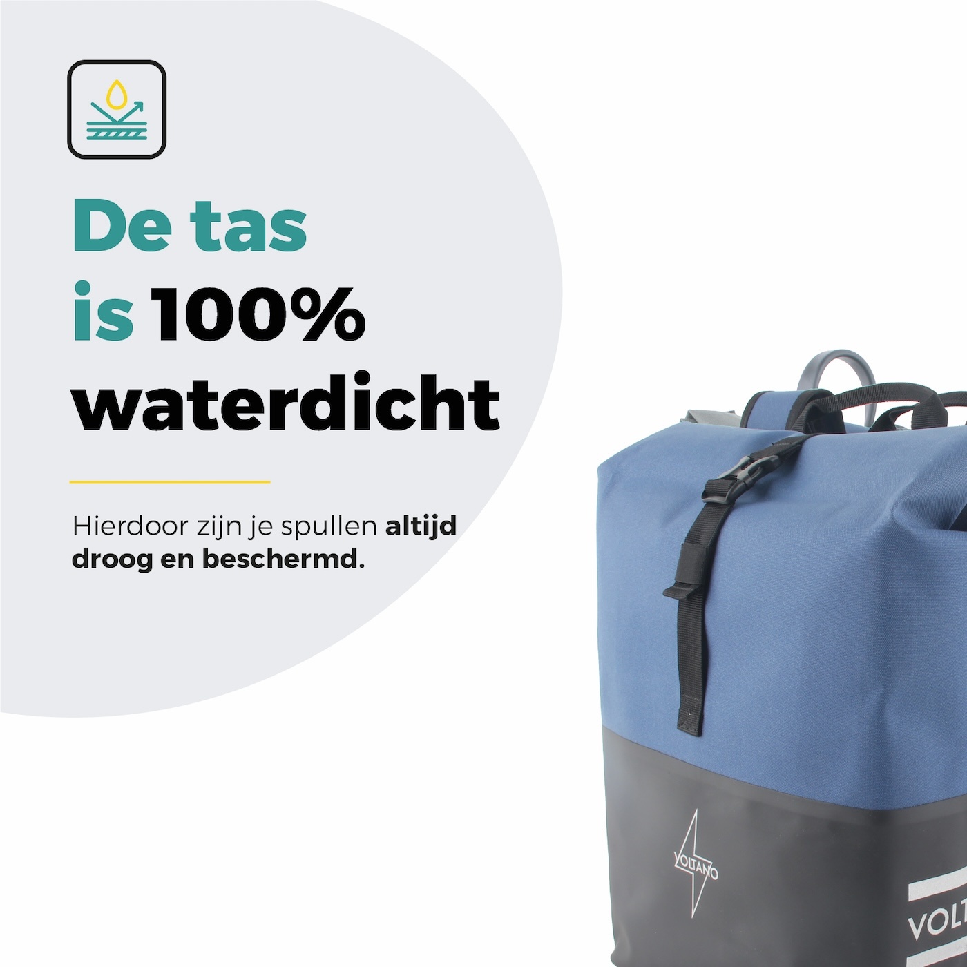 Voltano Dubbele Fietstas Rolltop Reflective Special Edition - Zwart / Lakeblue  - 50 Liter - 100% Waterdicht