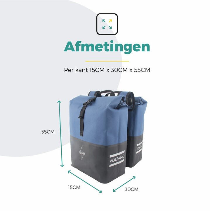 Voltano Dubbele Fietstas Rolltop Reflective Special Edition - Zwart / Lakeblue  - 50 Liter - 100% Waterdicht