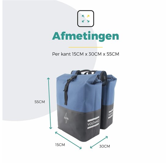Voltano Dubbele Fietstas Rolltop Reflective Special Edition - Zwart / Lakeblue  - 50 Liter - 100% Waterdicht