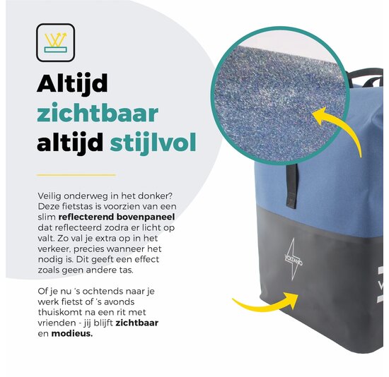 Voltano Dubbele Fietstas Rolltop Reflective Special Edition - Zwart / Lakeblue  - 50 Liter - 100% Waterdicht