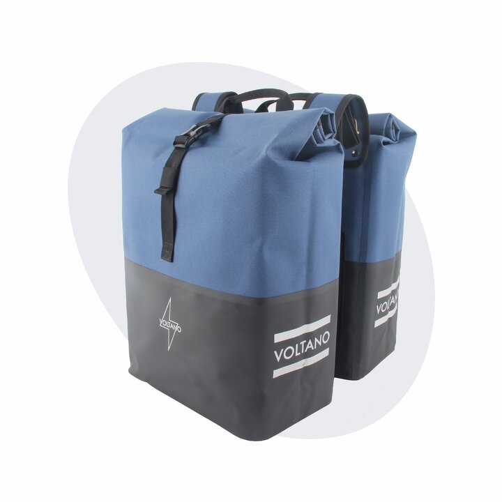 Voltano Dubbele Fietstas Rolltop Reflective Special Edition - Zwart / Lakeblue  - 50 Liter - 100% Waterdicht