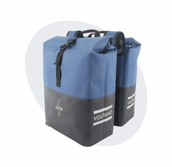 Voltano Dubbele Fietstas Rolltop Reflective Special Edition - Zwart / Lakeblue  - 50 Liter - 100% Waterdicht