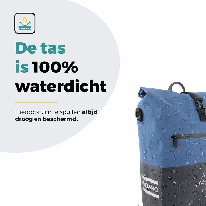 Voltano Enkele Fietstas Rolltop Reflective Special Edition - Zwart / Lakeblue - 25 Liter - 100% Waterdicht