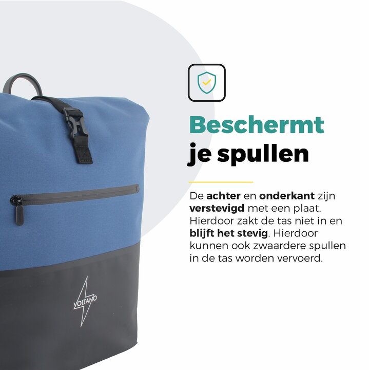 Voltano Enkele Fietstas Rolltop Reflective Special Edition - Zwart / Lakeblue - 25 Liter - 100% Waterdicht