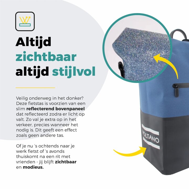 Voltano Enkele Fietstas Rolltop Reflective Special Edition - Zwart / Lakeblue - 25 Liter - 100% Waterdicht