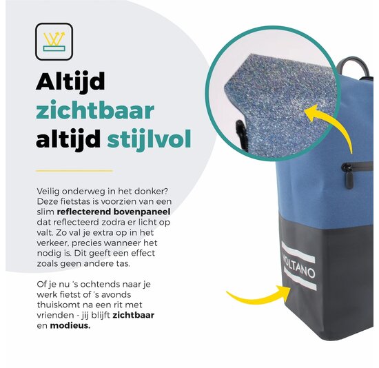 Voltano Enkele Fietstas Rolltop Reflective Special Edition - Zwart / Lakeblue - 25 Liter - 100% Waterdicht