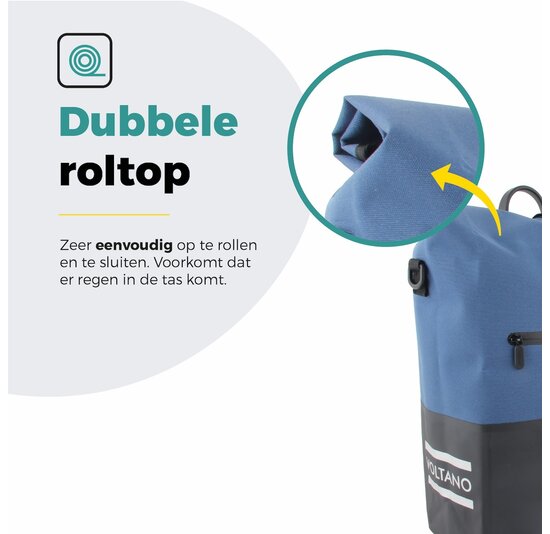 Voltano Enkele Fietstas Rolltop Reflective Special Edition - Zwart / Lakeblue - 25 Liter - 100% Waterdicht
