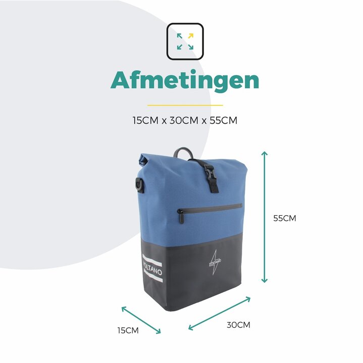 Voltano Enkele Fietstas Rolltop Reflective Special Edition - Zwart / Lakeblue - 25 Liter - 100% Waterdicht