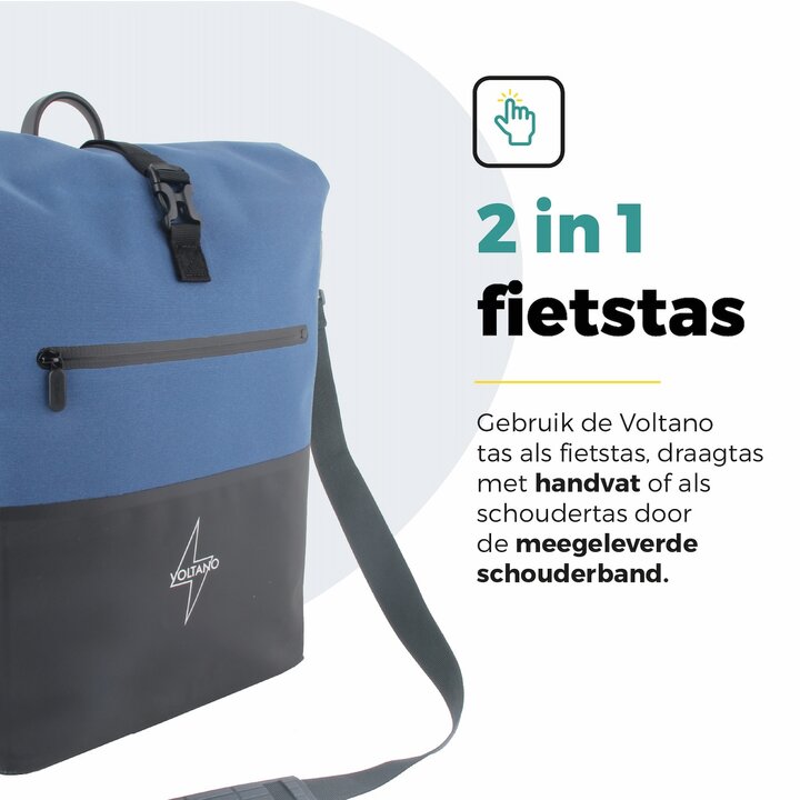 Voltano Enkele Fietstas Rolltop Reflective Special Edition - Zwart / Lakeblue - 25 Liter - 100% Waterdicht