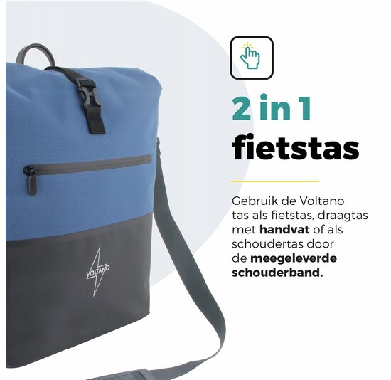 Voltano Enkele Fietstas Rolltop Reflective Special Edition - Zwart / Lakeblue - 25 Liter - 100% Waterdicht