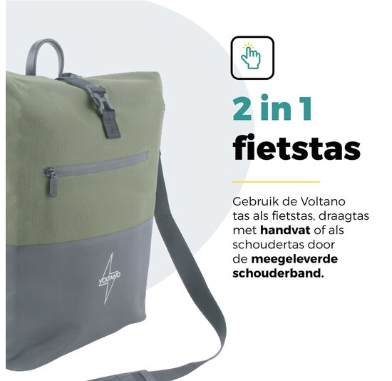 Voltano Enkele Fietstas Rolltop Reflective Special Edition - Zwart / Olijfgroen - 25 Liter - 100% Waterdicht