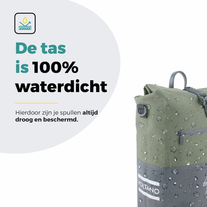 Voltano Enkele Fietstas Rolltop Reflective Special Edition - Zwart / Olijfgroen - 25 Liter - 100% Waterdicht