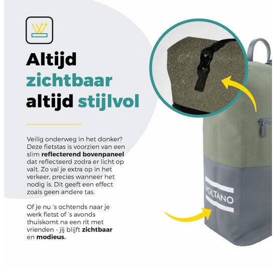 Voltano Enkele Fietstas Rolltop Reflective Special Edition - Zwart / Olijfgroen - 25 Liter - 100% Waterdicht