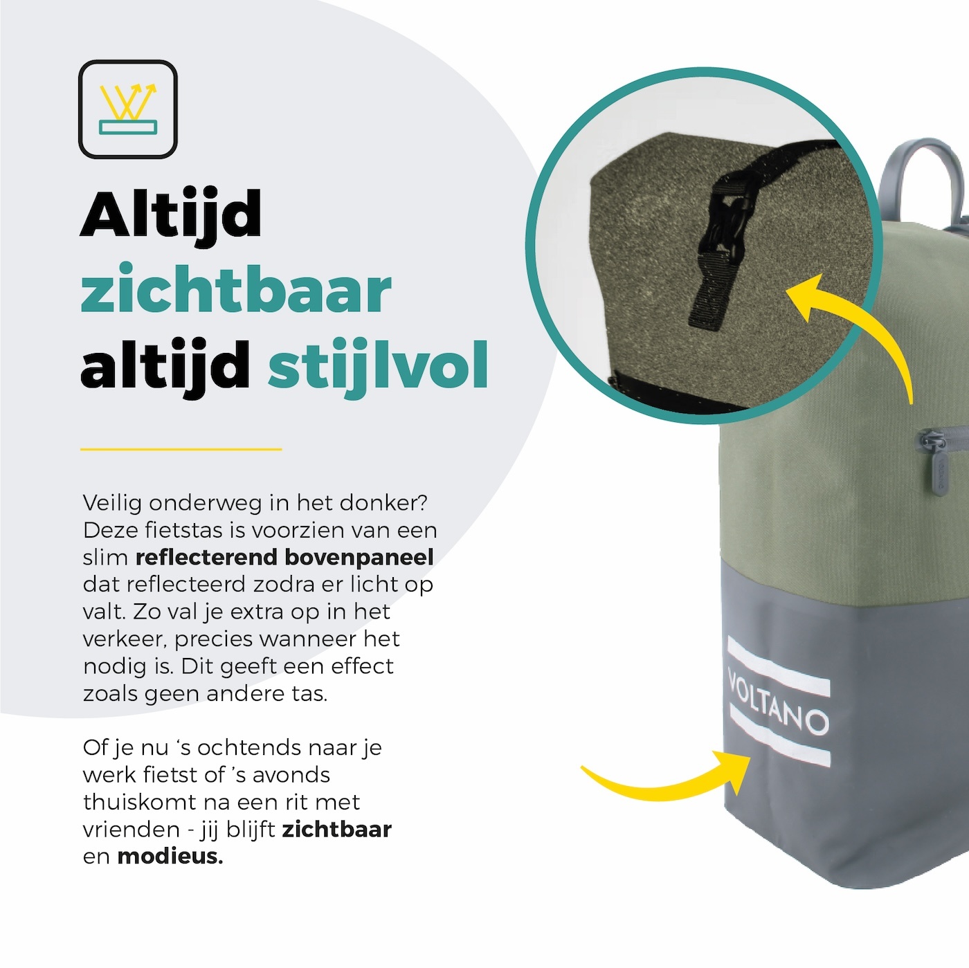 Voltano Enkele Fietstas Rolltop Reflective Special Edition - Zwart / Olijfgroen - 25 Liter - 100% Waterdicht