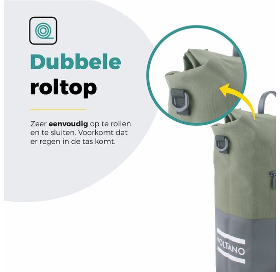 Voltano Enkele Fietstas Rolltop Reflective Special Edition - Zwart / Olijfgroen - 25 Liter - 100% Waterdicht