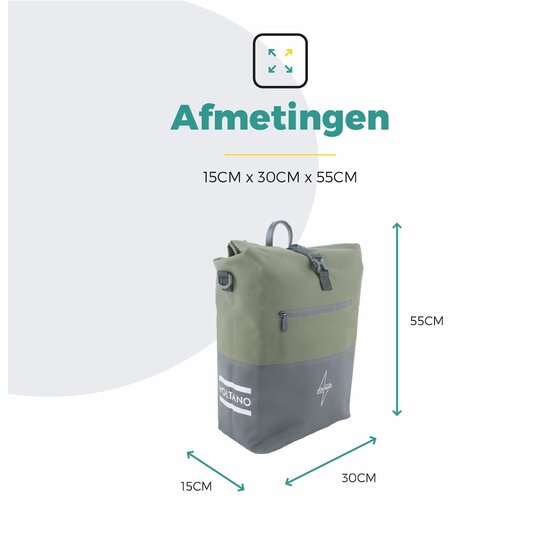 Voltano Enkele Fietstas Rolltop Reflective Special Edition - Zwart / Olijfgroen - 25 Liter - 100% Waterdicht