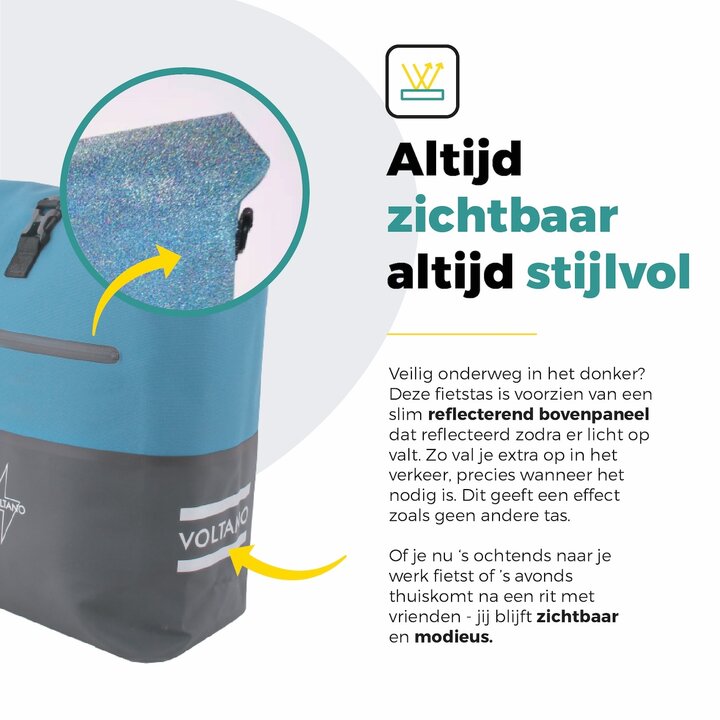 Voltano Enkele Fietstas Rolltop Reflective Special Edition - Zwart / Blauw - 25 Liter - 100% Waterdicht
