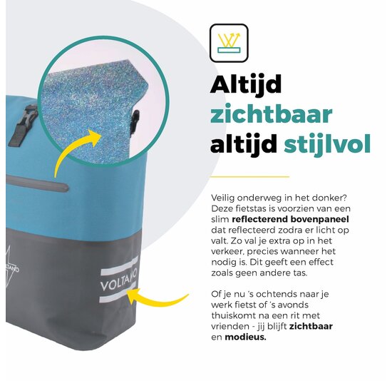 Voltano Enkele Fietstas Rolltop Reflective Special Edition - Zwart / Blauw - 25 Liter - 100% Waterdicht