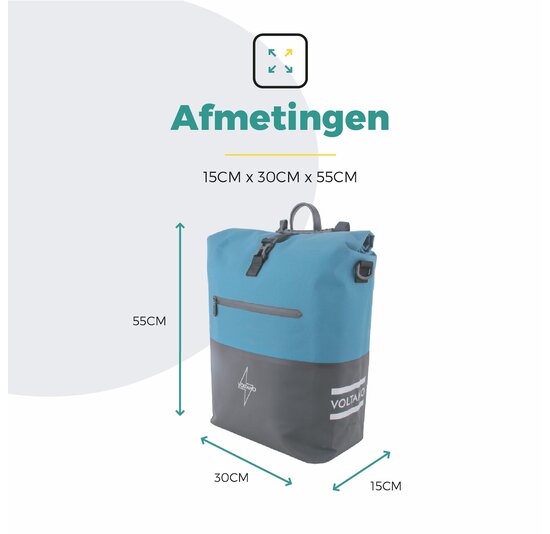 Voltano Enkele Fietstas Rolltop Reflective Special Edition - Zwart / Blauw - 25 Liter - 100% Waterdicht