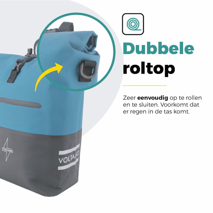Voltano Enkele Fietstas Rolltop Reflective Special Edition - Zwart / Blauw - 25 Liter - 100% Waterdicht
