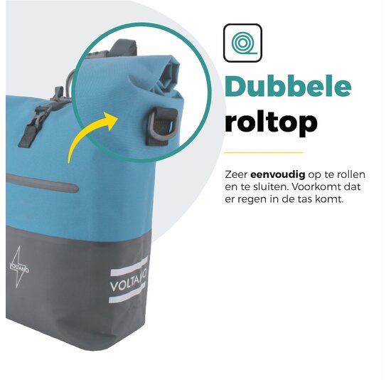 Voltano Enkele Fietstas Rolltop Reflective Special Edition - Zwart / Blauw - 25 Liter - 100% Waterdicht