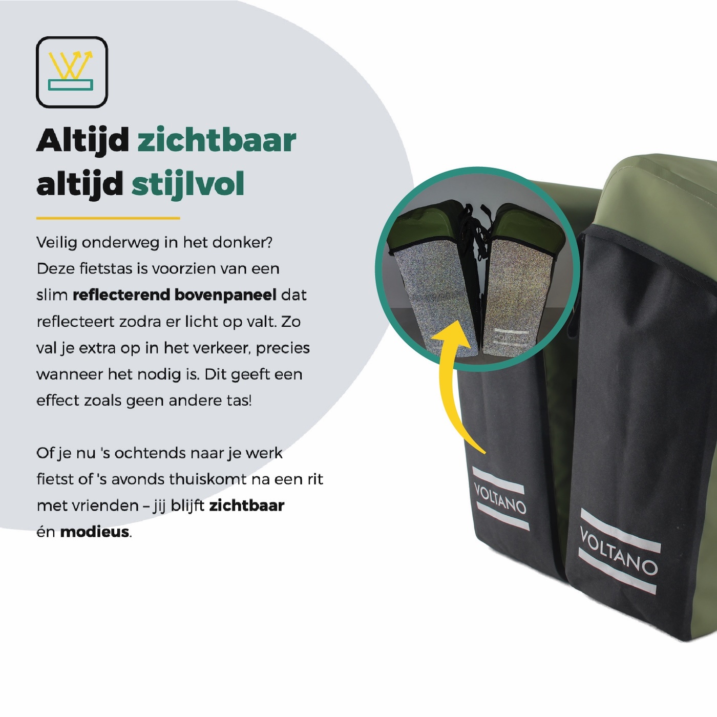 Voltano Dubbele Fietstas Modern Olijf Groen / Zwart - Reflective - 50 Liter - Waterdicht