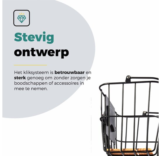 Voltano Stalen Fietsmand 23 Liter - Zwart / Bruin Hout - Incl. Bevestiging en Handvat