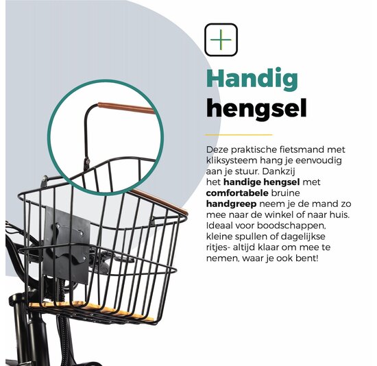 Voltano Stalen Fietsmand 23 Liter - Zwart / Bruin Hout - Incl. Bevestiging en Handvat