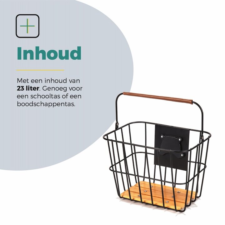 Voltano Stalen Fietsmand 23 Liter - Zwart / Bruin Hout - Incl. Bevestiging en Handvat