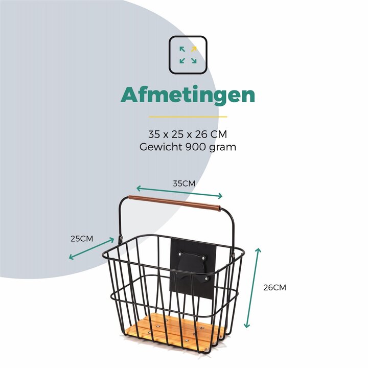 Voltano Stalen Fietsmand 23 Liter - Zwart / Bruin Hout - Incl. Bevestiging en Handvat