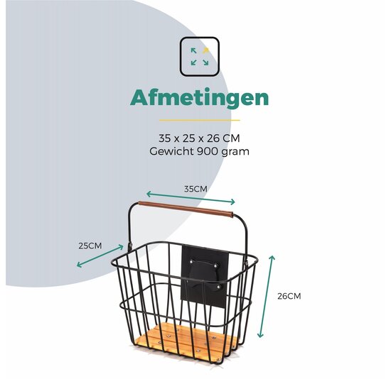 Voltano Stalen Fietsmand 23 Liter - Zwart / Bruin Hout - Incl. Bevestiging en Handvat