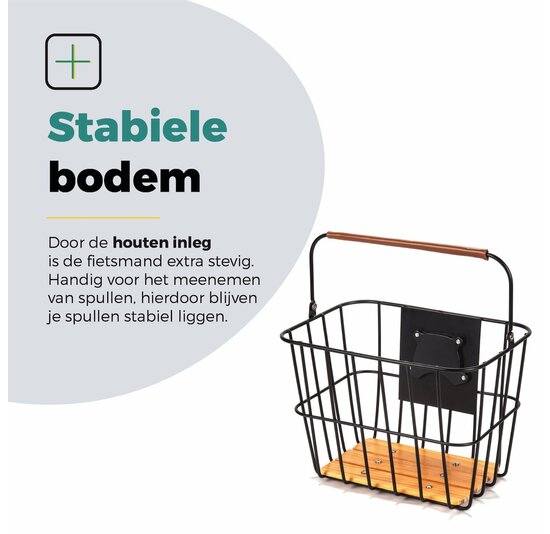 Voltano Stalen Fietsmand 23 Liter - Zwart / Bruin Hout - Incl. Bevestiging en Handvat