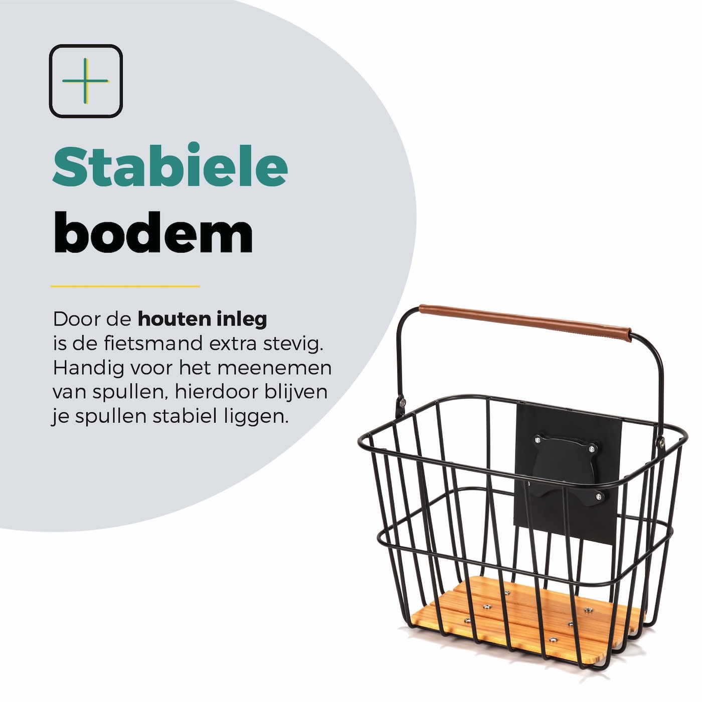 Voltano Stalen Fietsmand 23 Liter - Zwart / Bruin Hout - Incl. Bevestiging en Handvat