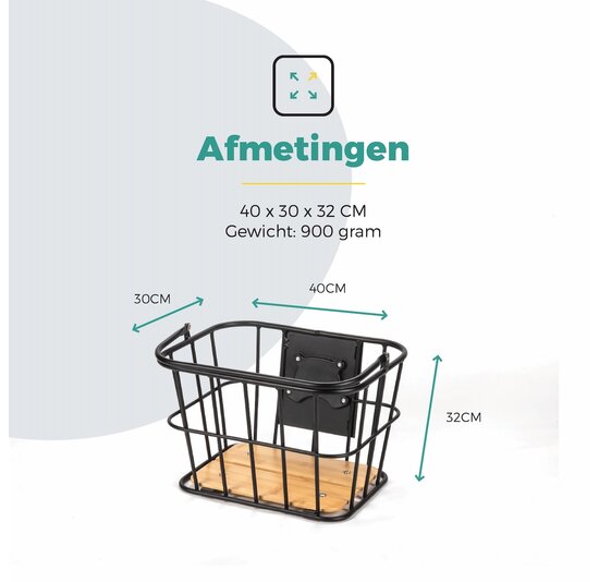 Voltano Fietsmand Pro 28 Liter - Zwart / Bruin Hout - Incl. Bevestiging en Handvat - Aluminium
