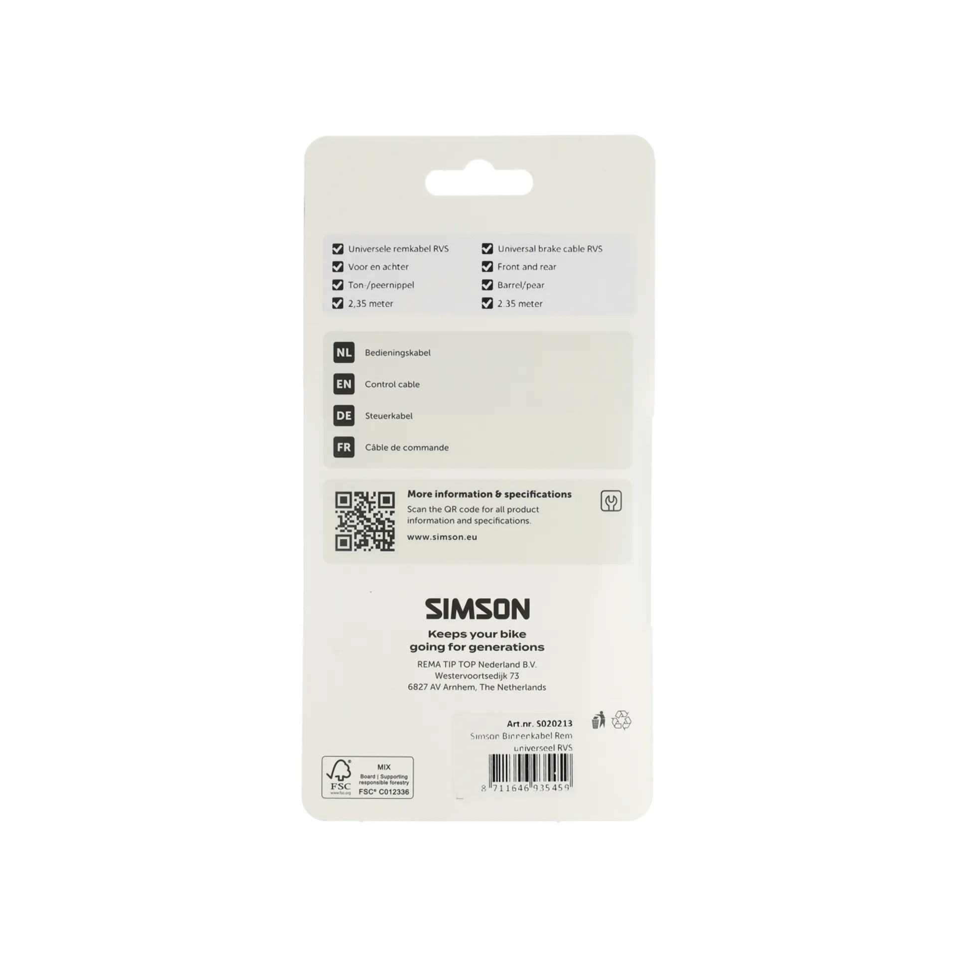 Simson Rem Binnenkabel - Universeel - 235CM - RVS